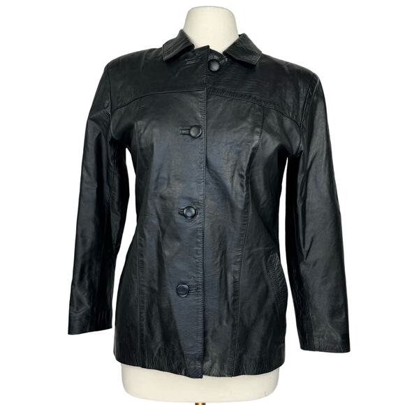 Jackets & Blazers - VTG Black Leather 90s Classic Lined Collared‎ Button Up Jacket Women's Large
